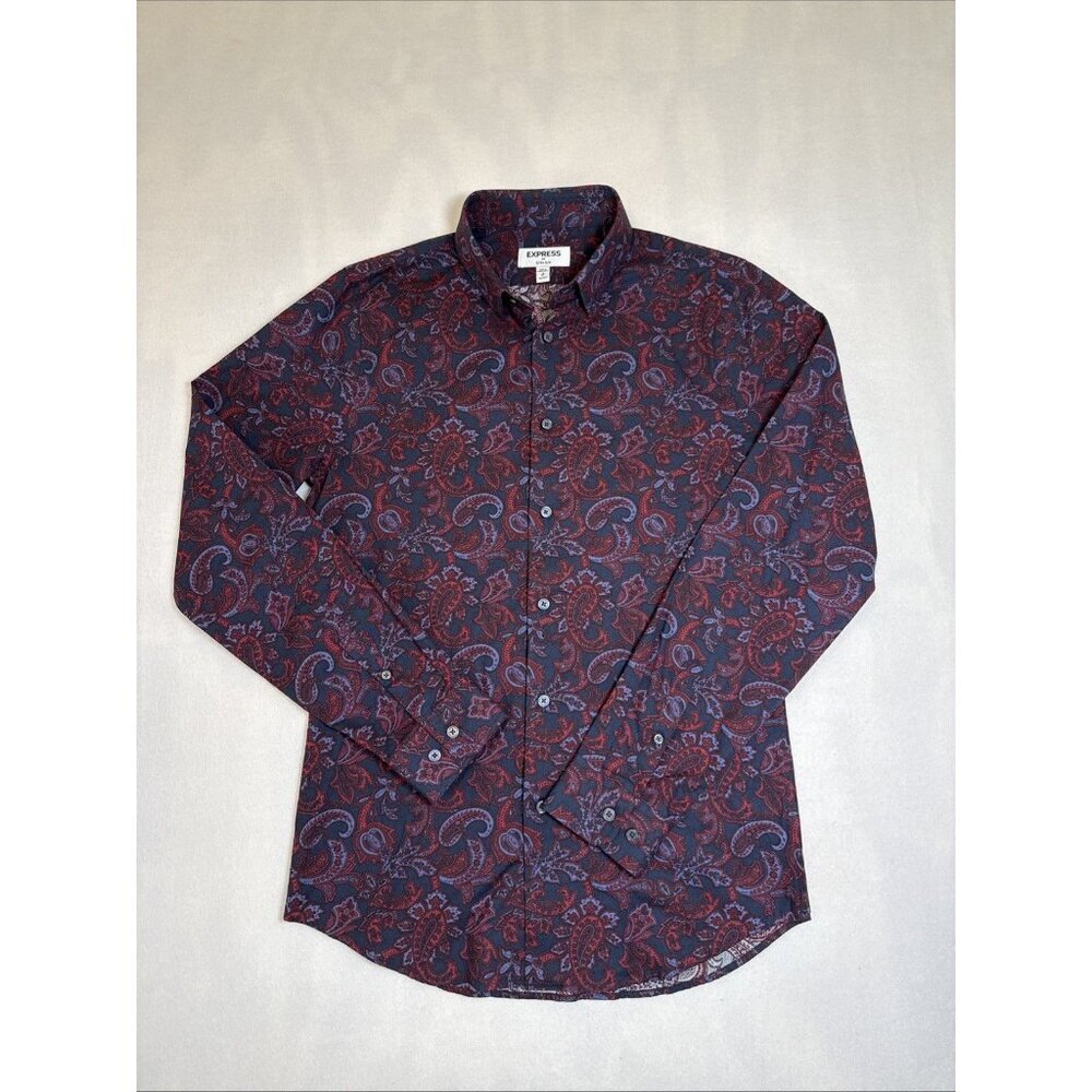Express‎ Men’s Shirt S Blue Red Floral Extra Slim Button Up Down Long Sleeve